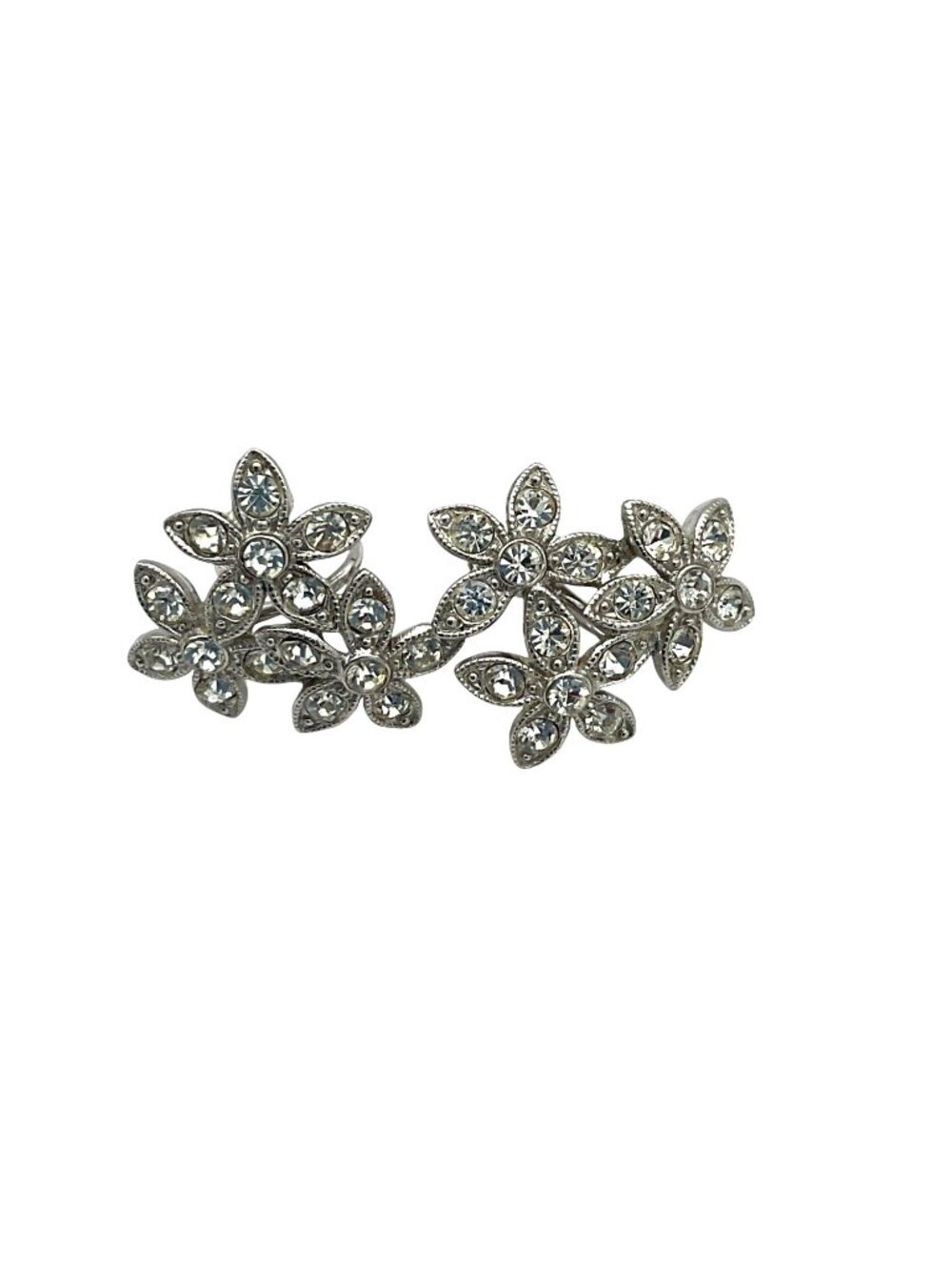ORA Silvertone Floral Cluster Glass Rhinestone VTG 40's/50's Screw Back Earrings